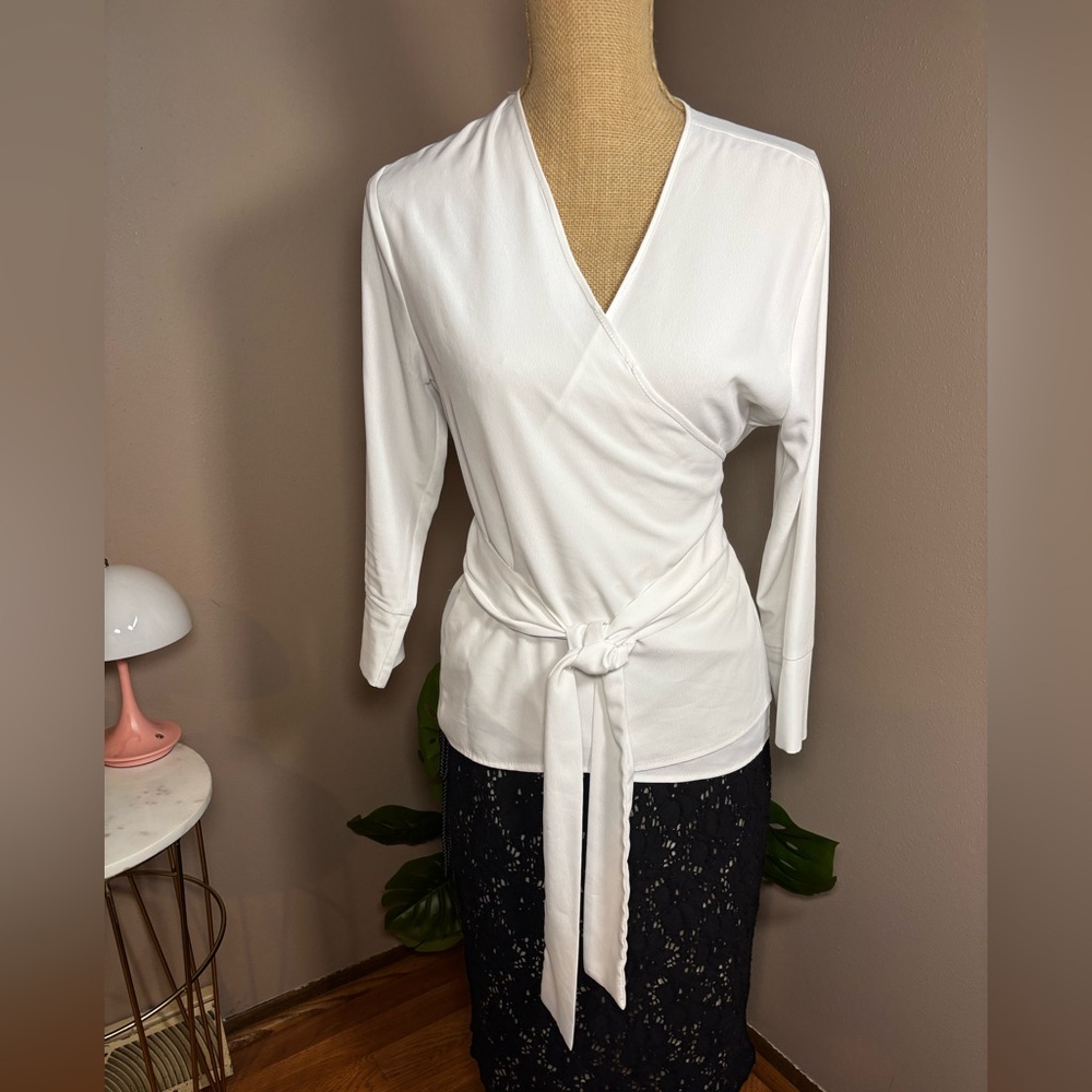Telva Made in Spain White Wrap Top Blouse with Tie Size 40 M/L
